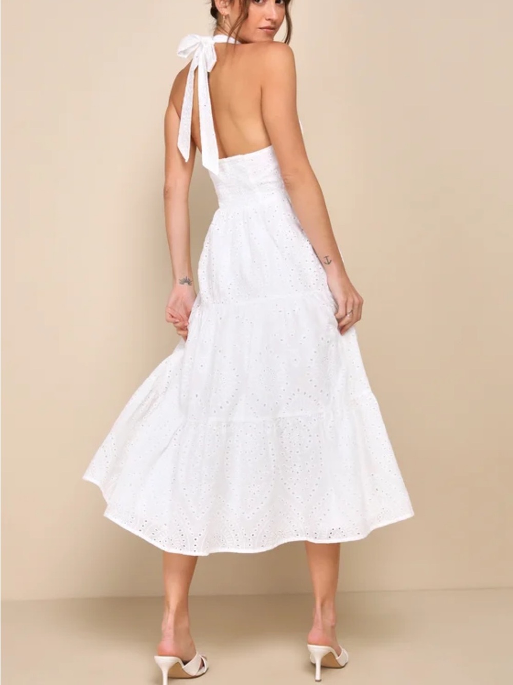 NWT Lulus Sunny Perception White Eyelet Embroidered Halter Midi Dress, XS - Picture 4 of 12